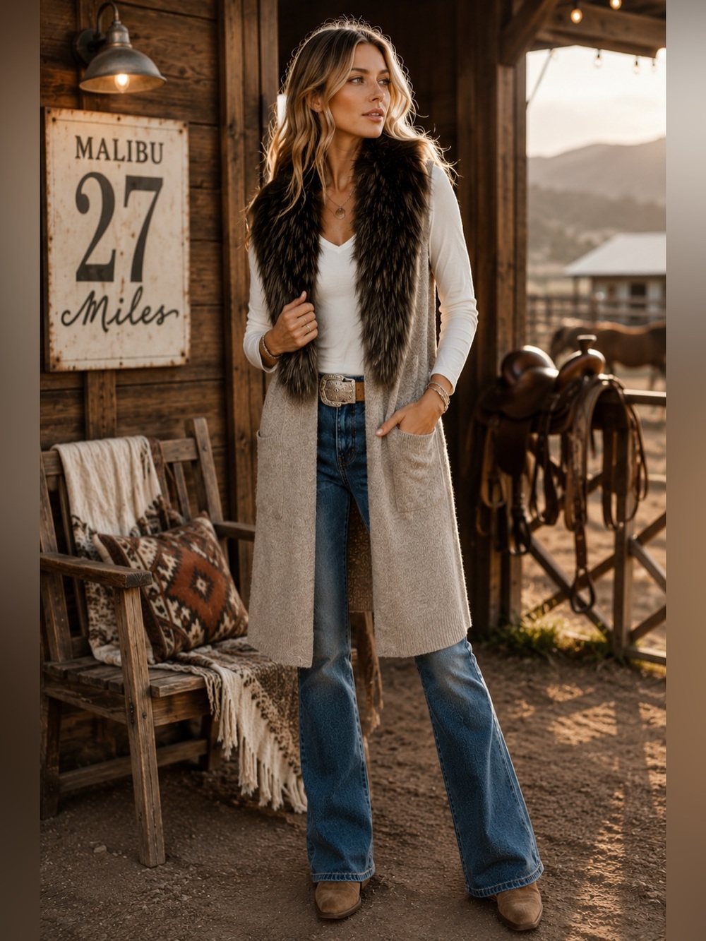 27 Miles Malibu tan cashmere sweater vest with removable faux fur collar